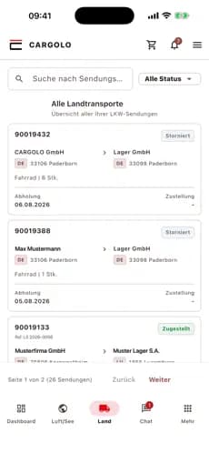 CARGOLO App auf dem iPhone: Landtransporte mit Sendungsstatus, Abholung und Zustellung im Überblick