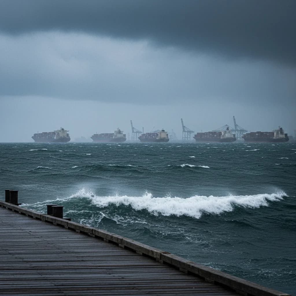 Taifun Ragasa Auswirkungen - Containerschiffe auf Reede vor gesperrtem Hafen bei stuermischer See