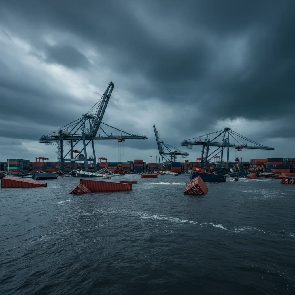 Taifun Ragasa Auswirkungen - Gefluteter Containerhafen mit umgestuerzten Containern und beschaedigten Kraenen