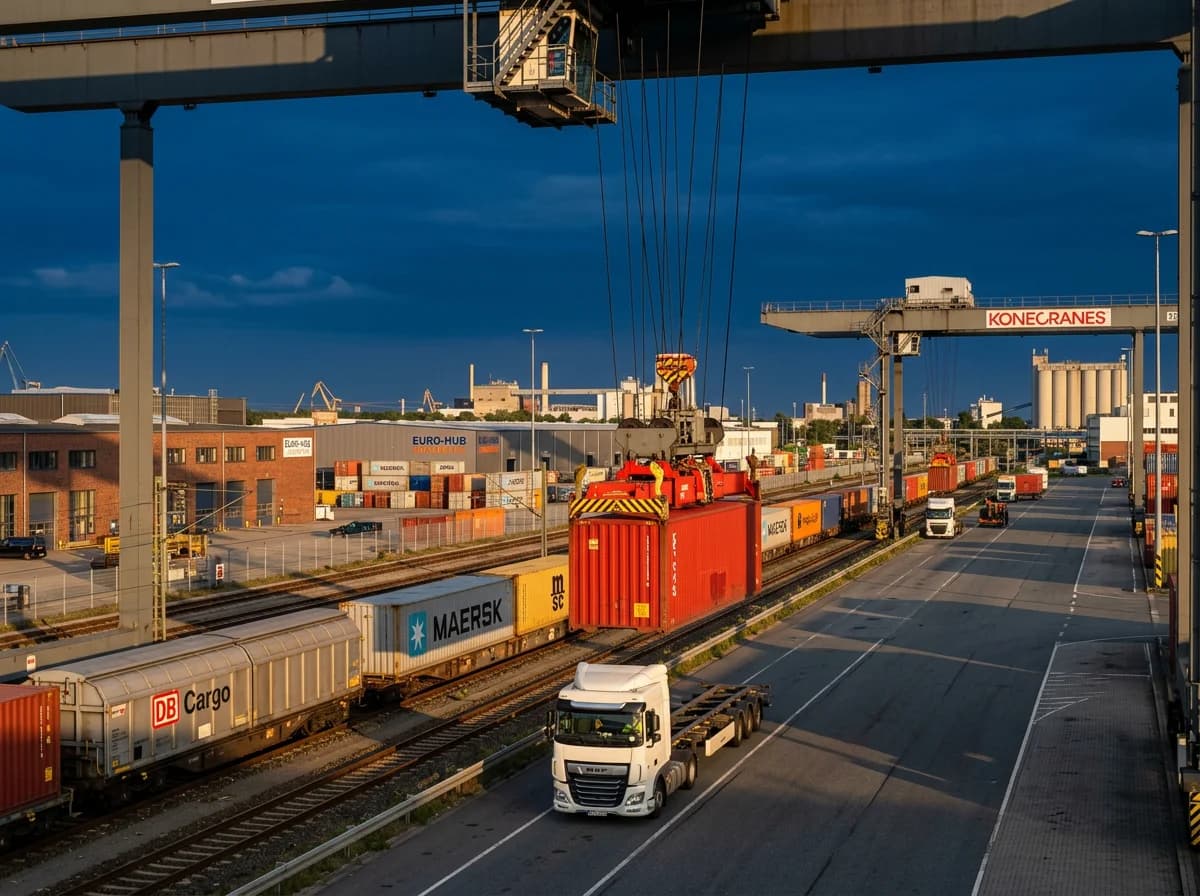 Bahnfracht - Intermodaler Umschlag am europäischen Logistik-Hub mit Containerkran und Güterzügen