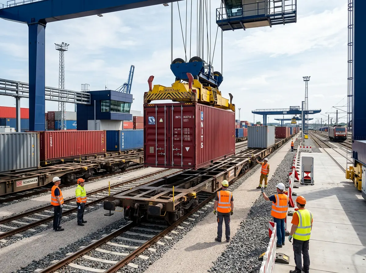 Bahnfracht - Containerverladung am Bahnterminal mit Portalkran und Arbeitern