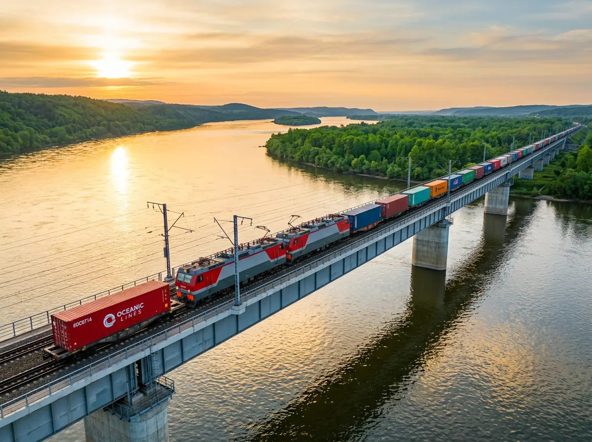Bahnfracht - Klimafreundlicher Gütertransport per Elektro-Güterzug über Flussbrücke bei Sonnenaufgang