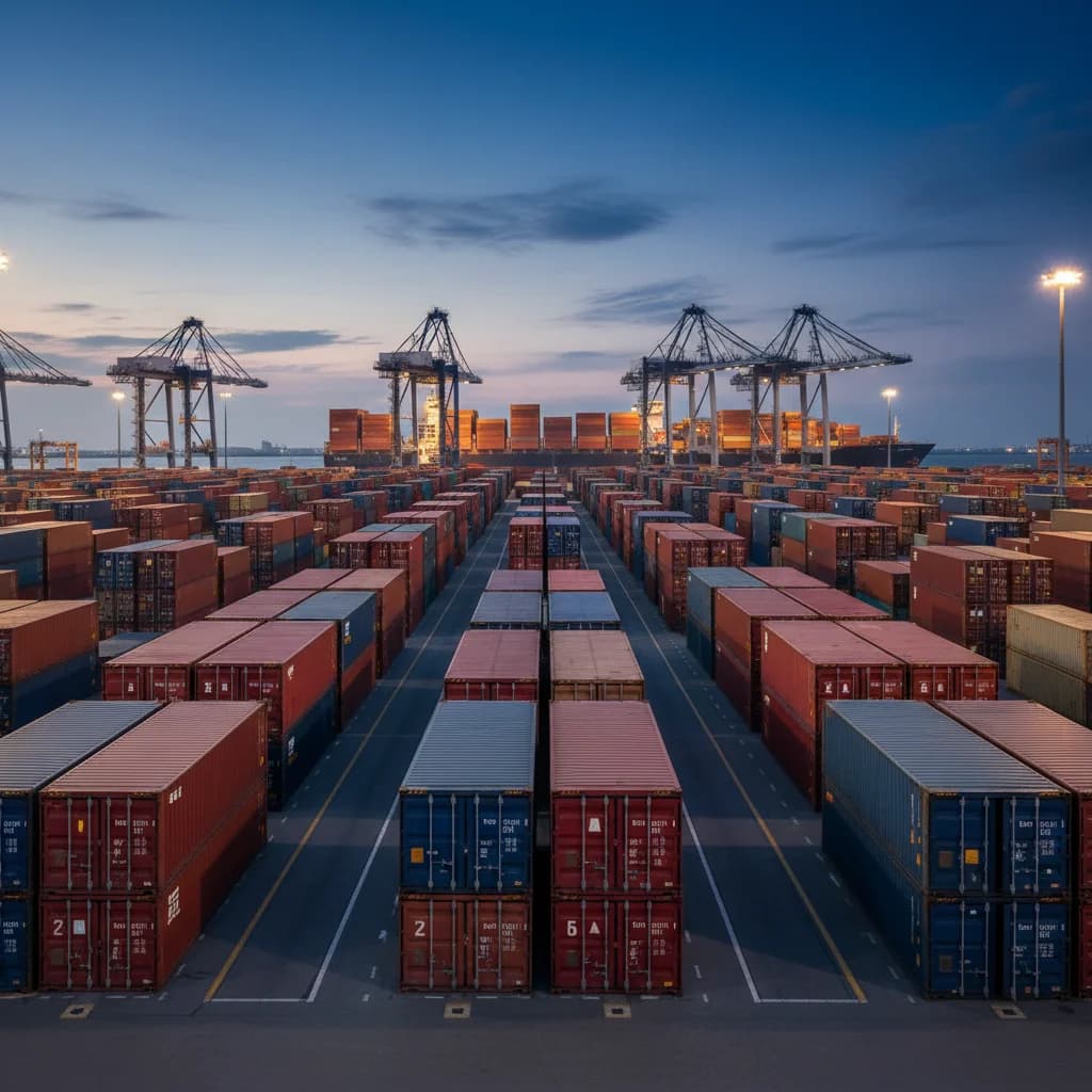 FCL vs LCL - Containerhafen mit gestapelten 20ft und 40ft Containern bei Dämmerung