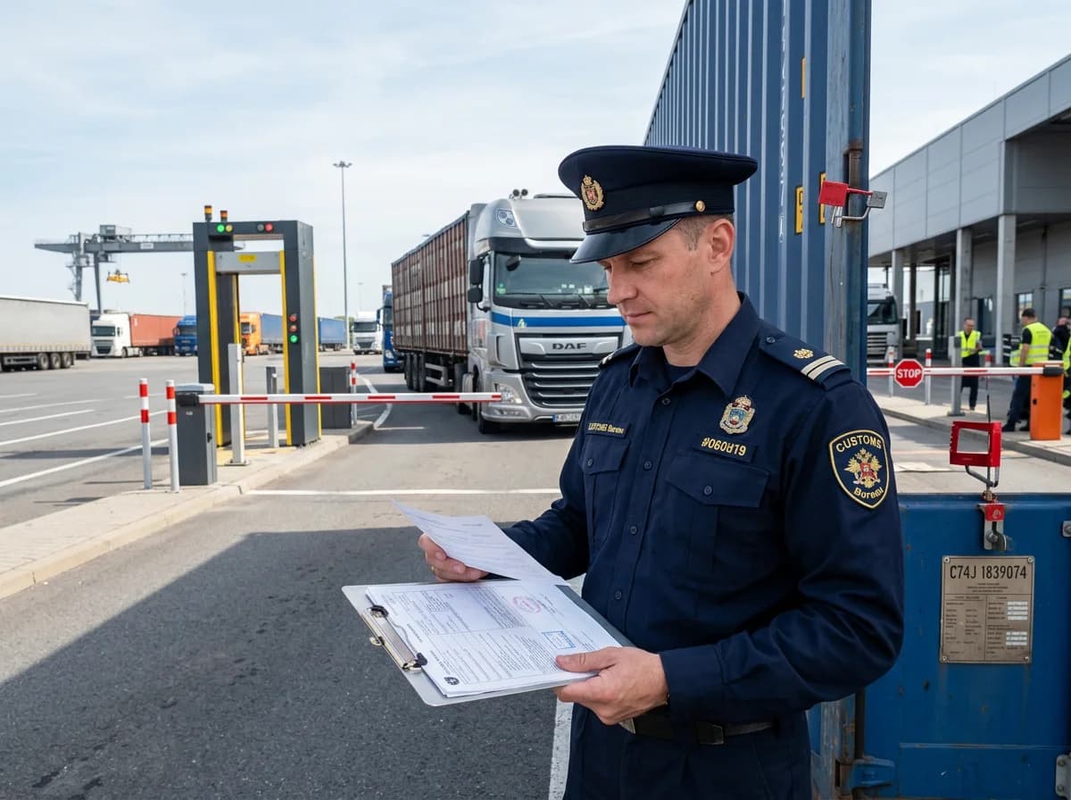 Internationaler Transport - Zollbeamter prüft Frachtdokumente am Grenzübergang