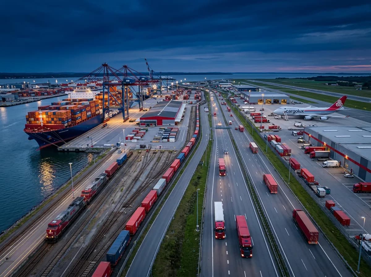 Internationaler Transport - Multimodales Transport-Hub mit Containerschiff, Frachtflugzeug, Güterzug und LKW