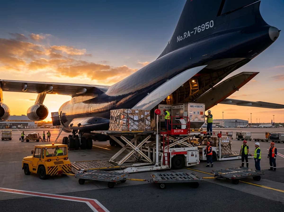 Luftfracht - Frachtflugzeug beim Beladen mit Paletten und ULD-Containern auf dem Rollfeld bei Sonnenuntergang