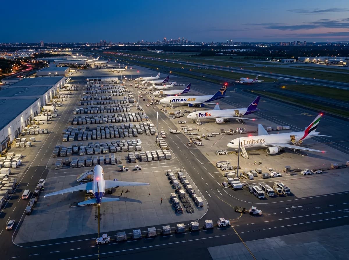 Luftfracht - Luftfracht-Hub mit mehreren Frachtflugzeugen und ULD-Containern am Terminal bei Dämmerung