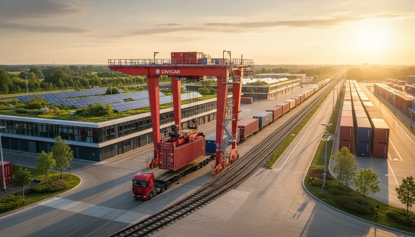Nachhaltige Logistik - Intermodales Frachtterminal mit Containerkran und Güterzug bei Sonnenuntergang