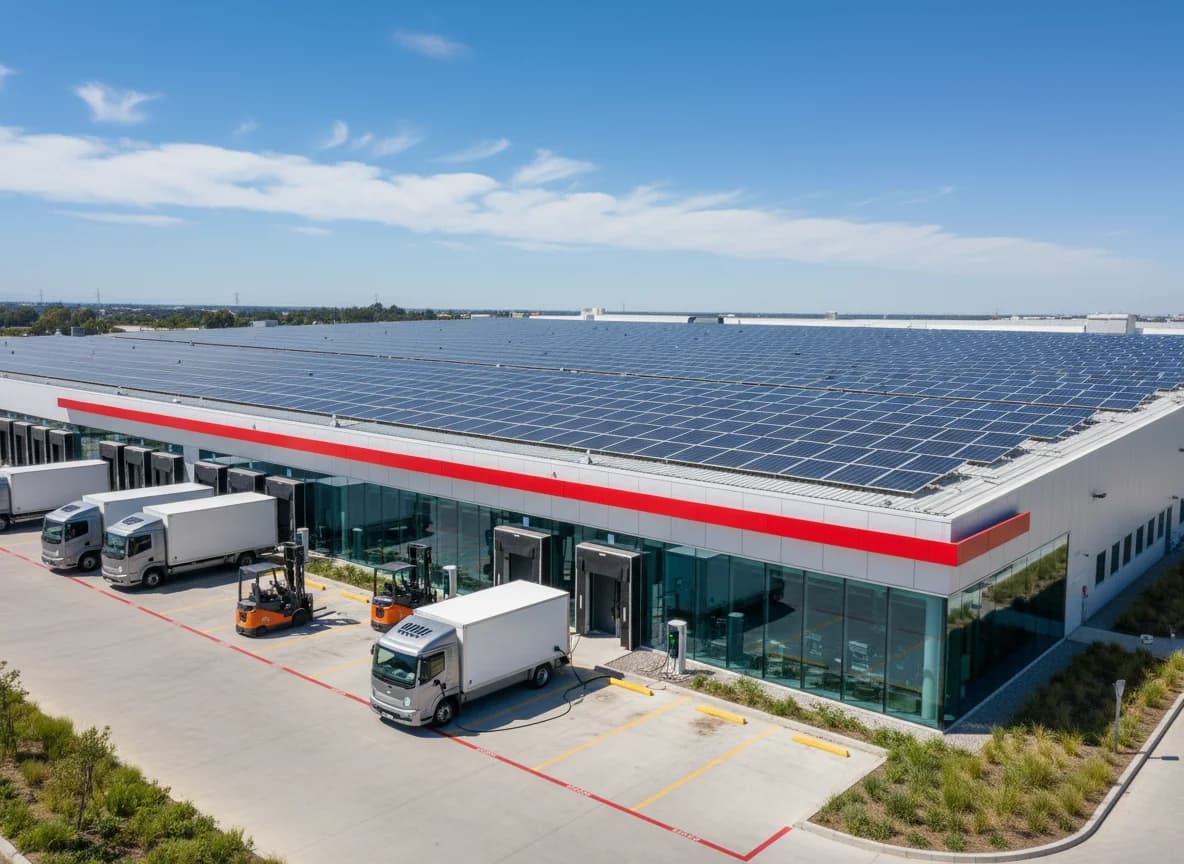 Nachhaltige Logistik - Modernes Logistiklager mit Solardach und Elektro-Fahrzeugen
