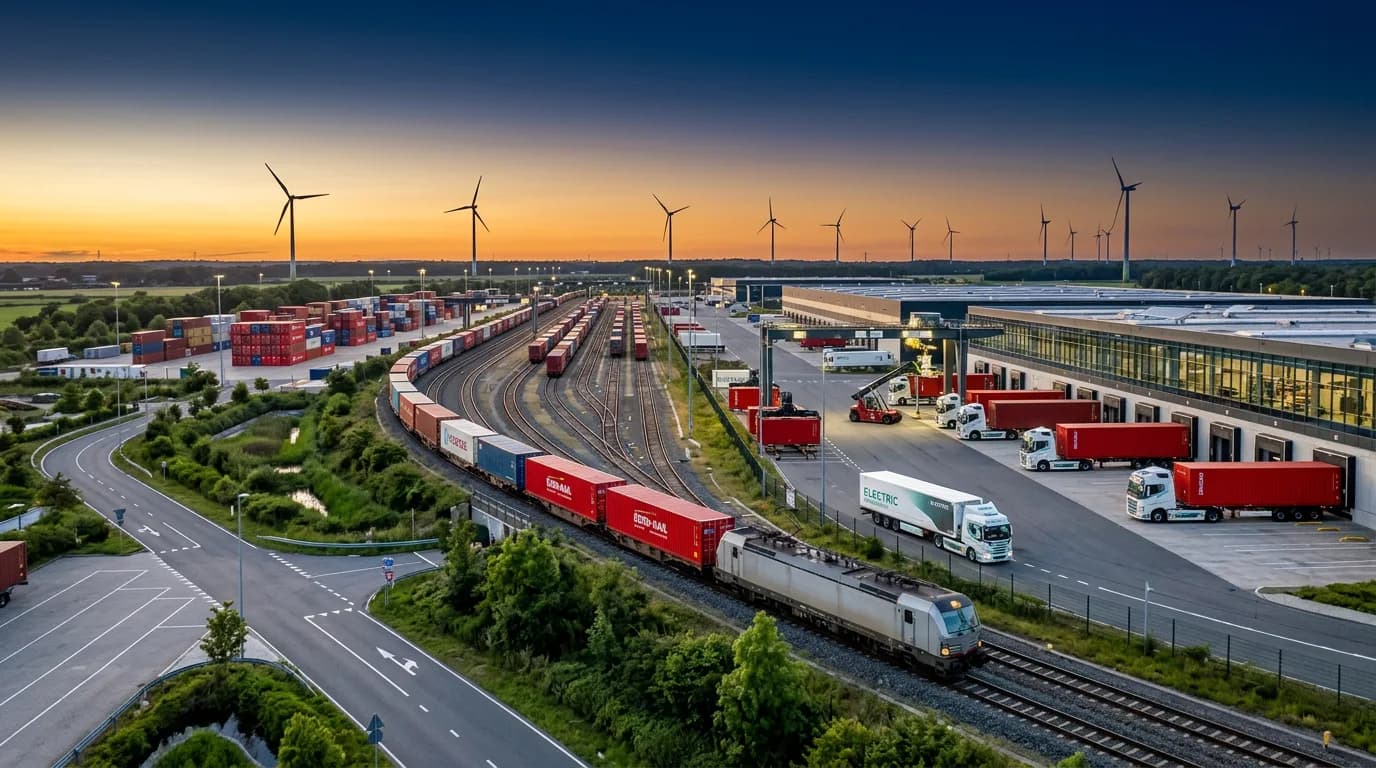 Nachhaltige Logistik - Intermodal-Terminal mit Güterzug, Windrädern und roten Containern