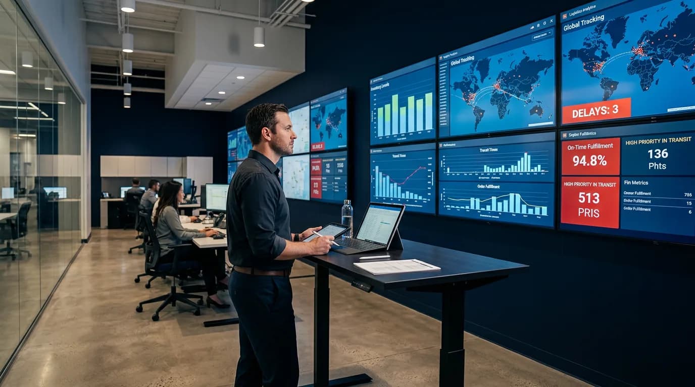 Supply Chain Management Strategien - Modernes Control Center mit Logistik-Dashboards und globalem Tracking