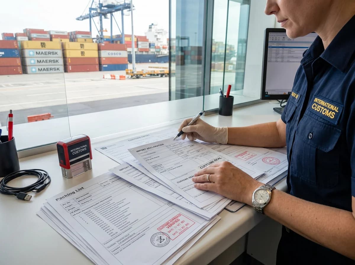 Zolltarifnummer - Zollbeamtin prüft Versanddokumente und Warencodes am Hafenterminal