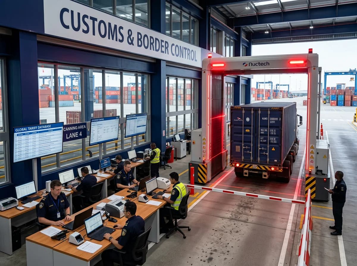 Zolltarifnummer - Moderne Zollkontrolle mit Scanning-Anlage und Warenprüfung am Frachtterminal