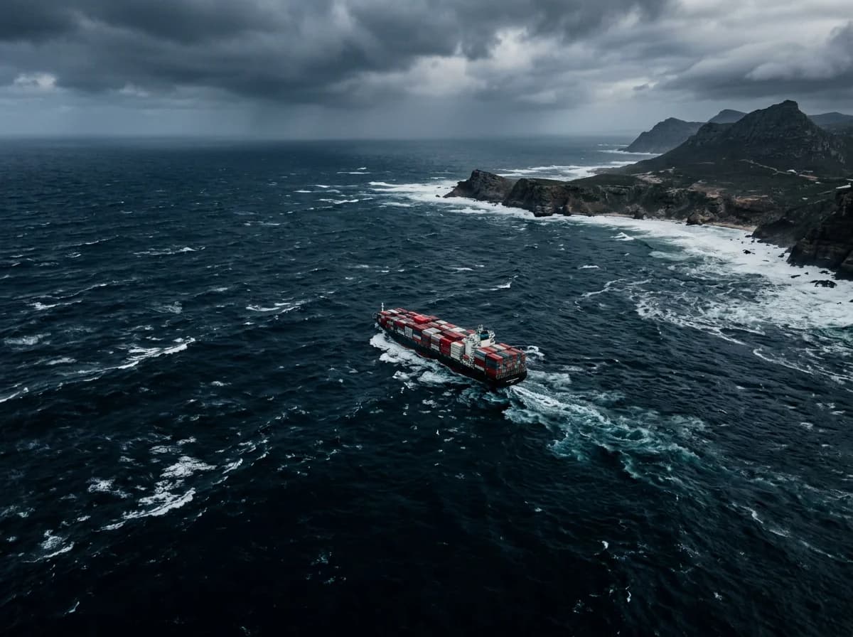 Frachtverkehr 2026 - Containerschiff auf Umweg um das Kap der Guten Hoffnung bei stürmischer See