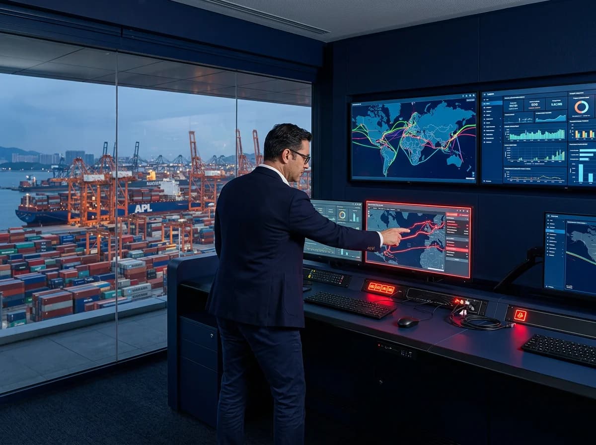 Frachtverkehr 2026 - Supply-Chain-Manager analysiert Frachtrouten am Monitoring-Dashboard mit Hafenblick