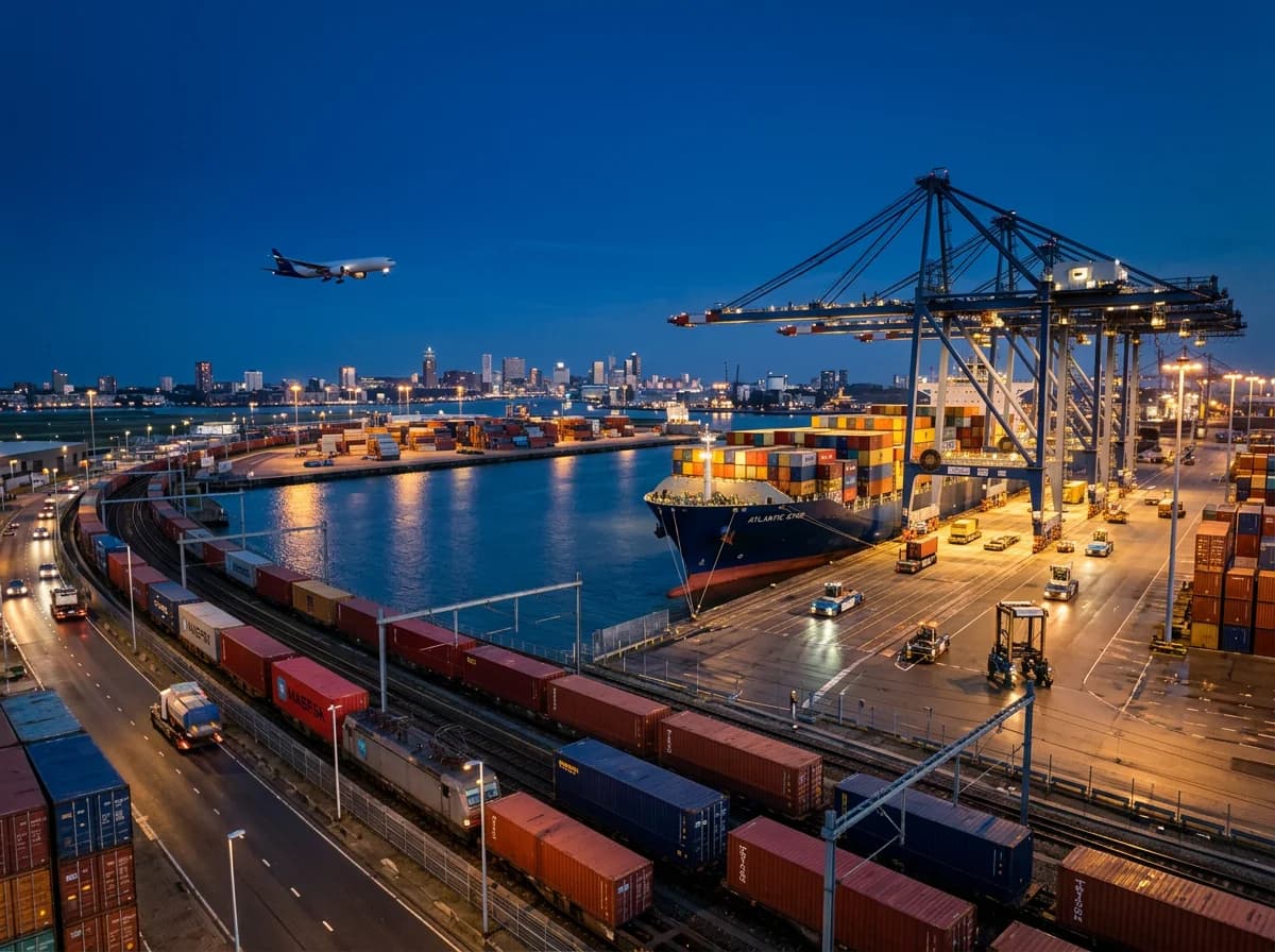 Frachtverkehr 2026 - Multimodaler Logistik-Hub mit Containerschiff, Güterzug und Frachtflugzeug bei Nacht