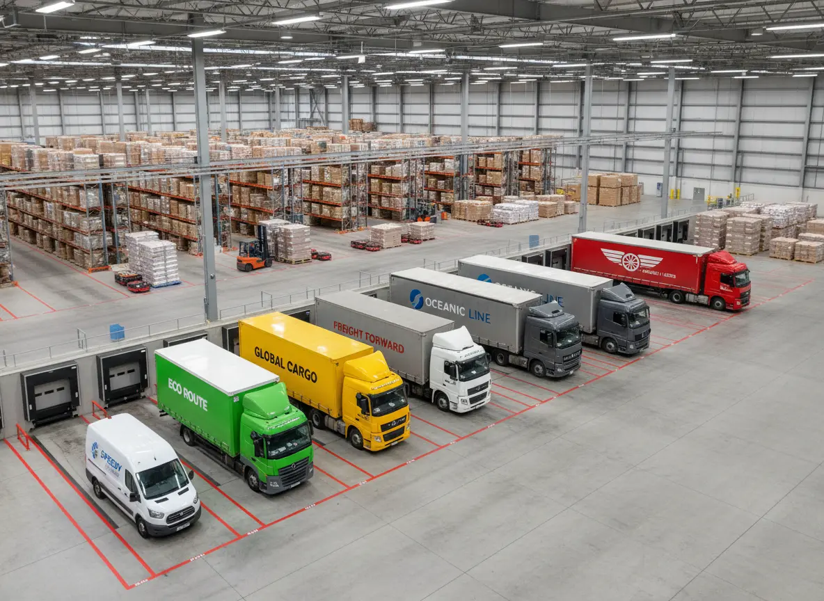 Speditionen vergleichen – verschiedene Carrier-LKW an einem Logistikzentrum