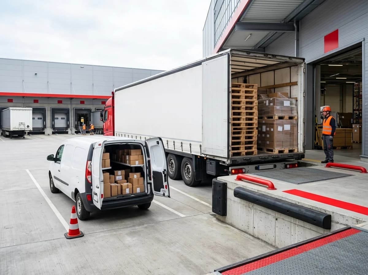 GLS Paketdienst - Lieferwagen mit Paketen neben Speditions-LKW mit Paletten zeigt den Größenunterschied zwischen KEP-Dienst und Spedition