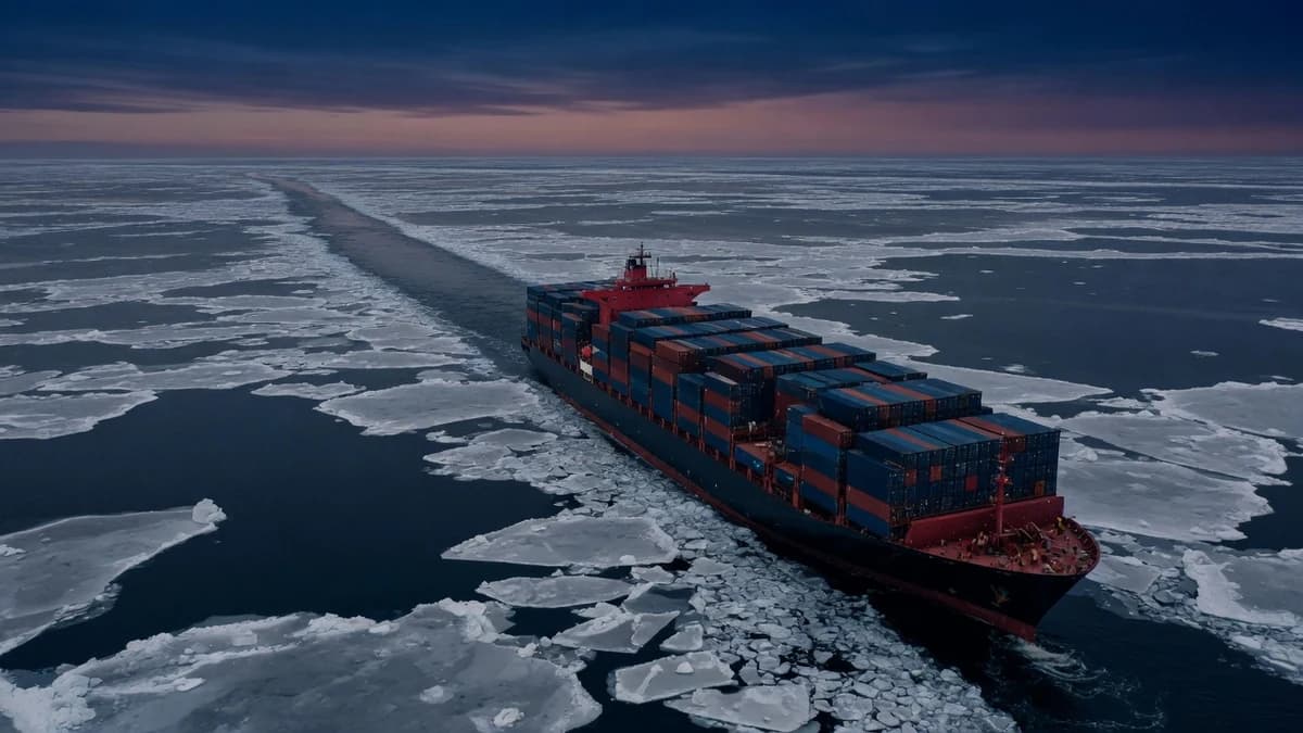 Arctic FCL Express - Containerschiff auf der Nordostpassage in einer Fahrrinne durch arktisches Packeis