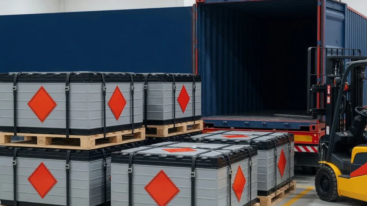 Arctic FCL Express - Batteriemodule als Gefahrgut auf Paletten vor der Verladung in den Seecontainer
