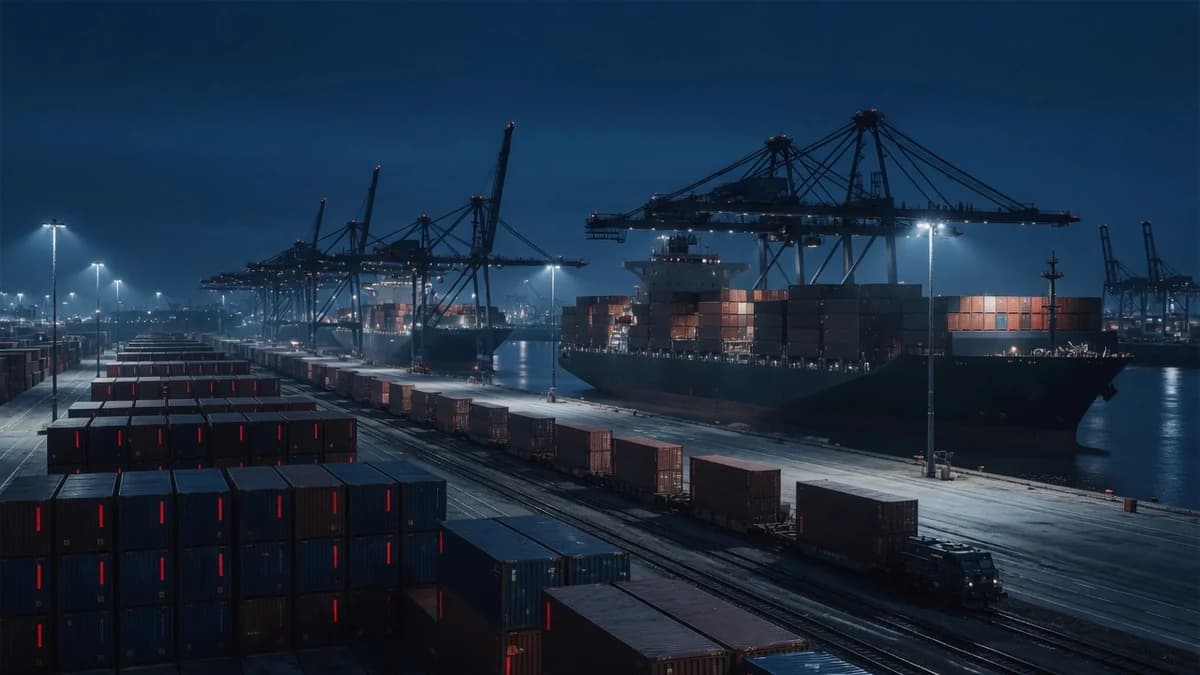 Arctic FCL Express - Europäisches Containerterminal mit Portalkränen und Containerzug für die Bahn-Weiterleitung ins Binnenland