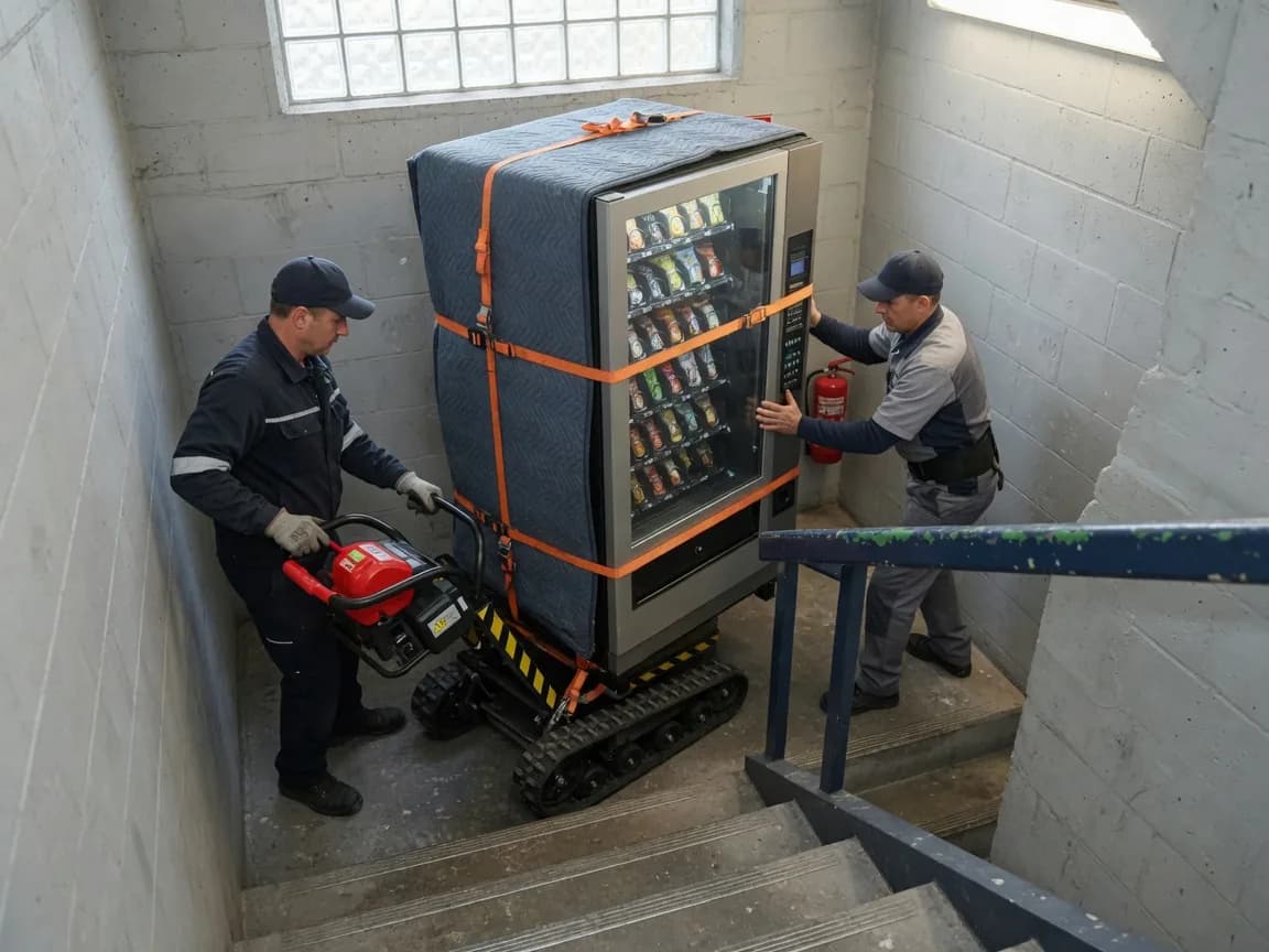 Automaten versenden - Snackautomat wird per Treppensteiger sicher über eine Treppe transportiert