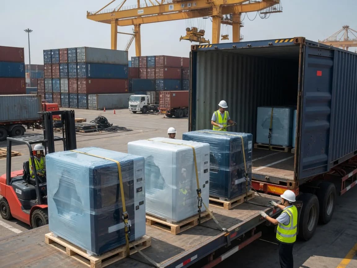 Automaten versenden - Verkaufsautomaten werden im Seecontainer für den Import aus China verladen