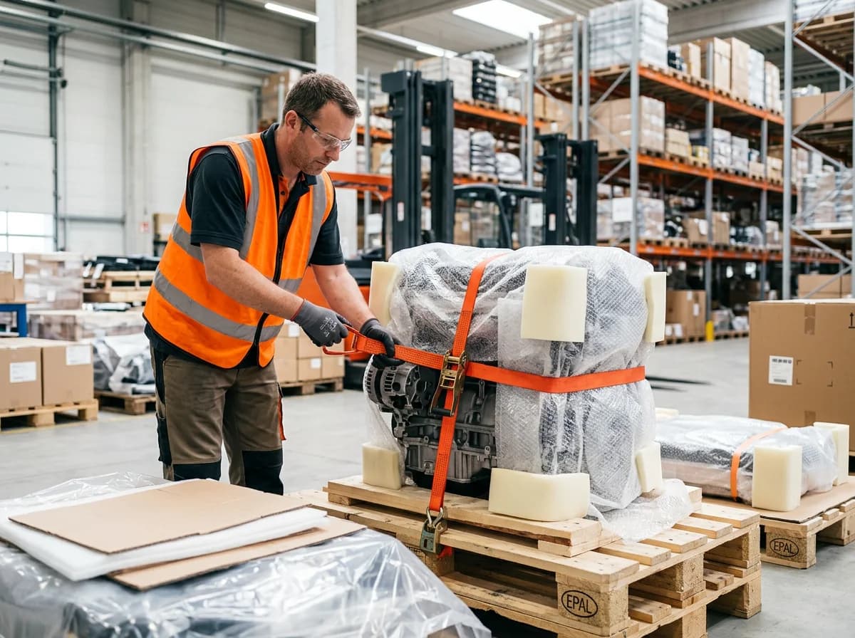 Motor versenden, Arbeiter fixiert PKW-Motor mit Zurrgurten auf Einwegpalette