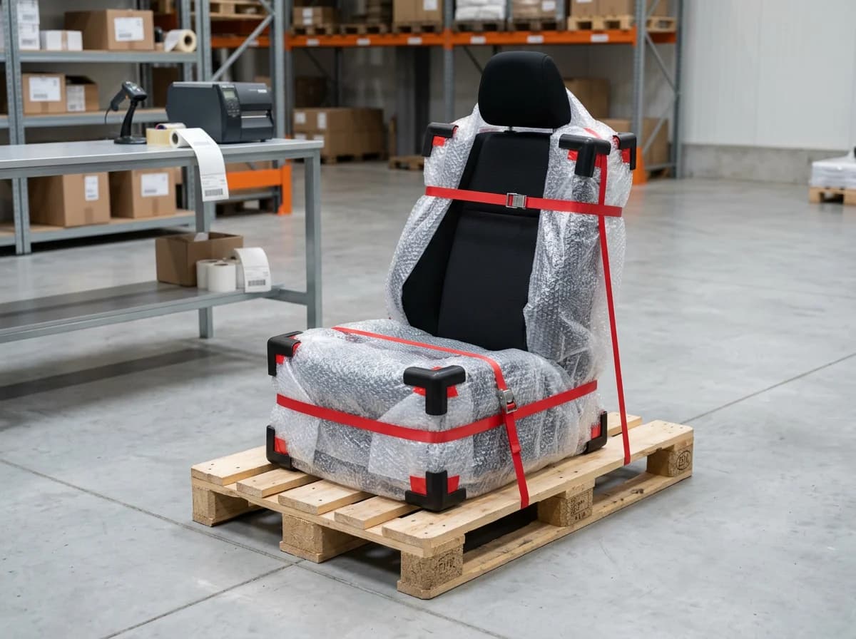 Autositz versenden - Verpackung mit Luftpolsterfolie und Kantenschutz