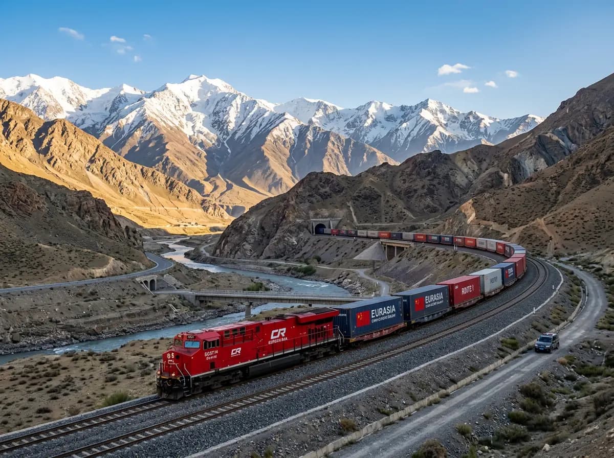 Bahnfracht-Spedition mit Containerzug auf einer internationalen Schienenverbindung