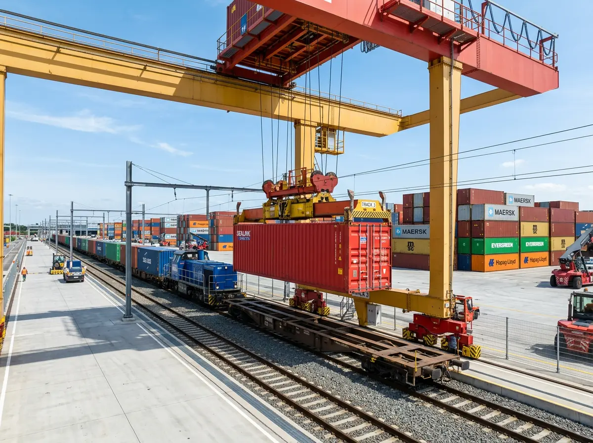 Container Bahntransport - Containerverladung am Bahnterminal per Portalkran