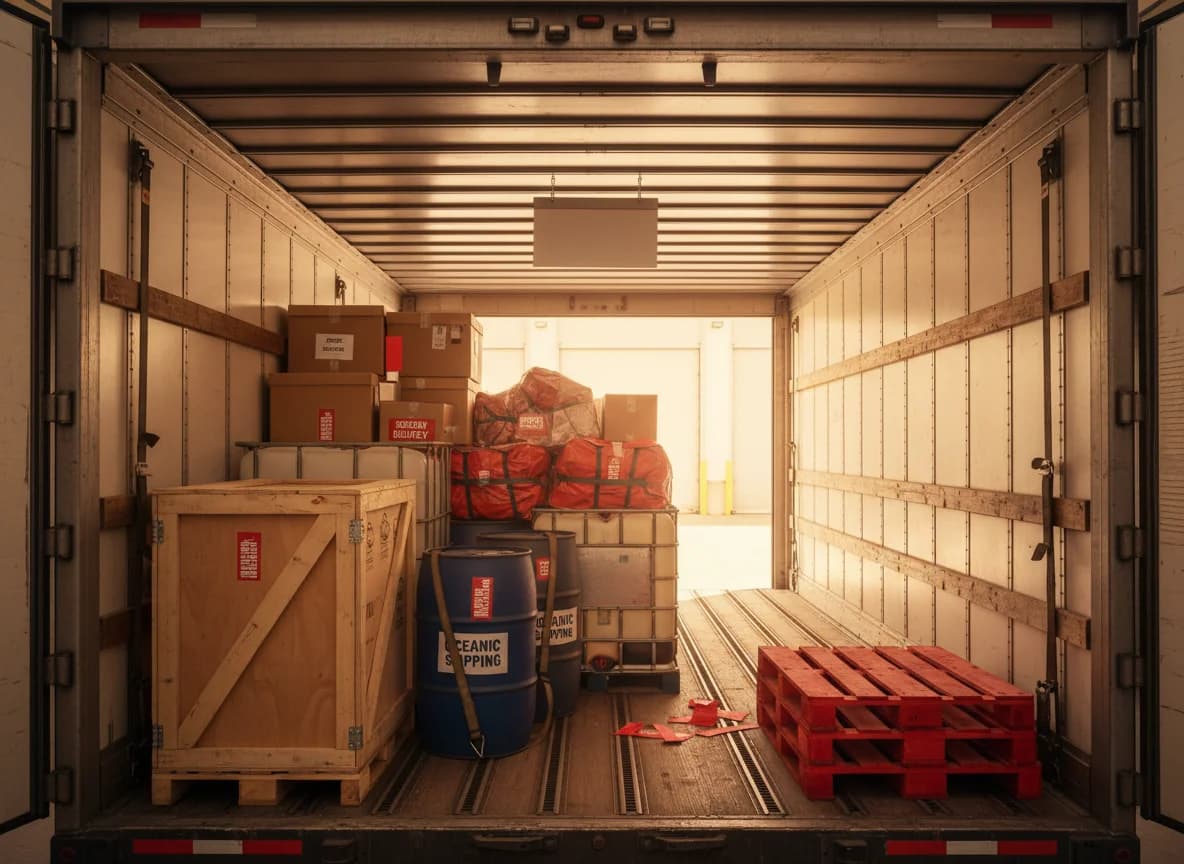 Beiladung - Blick in einen halb gefüllten LKW-Trailer mit gemischter Fracht und freiem Laderaum