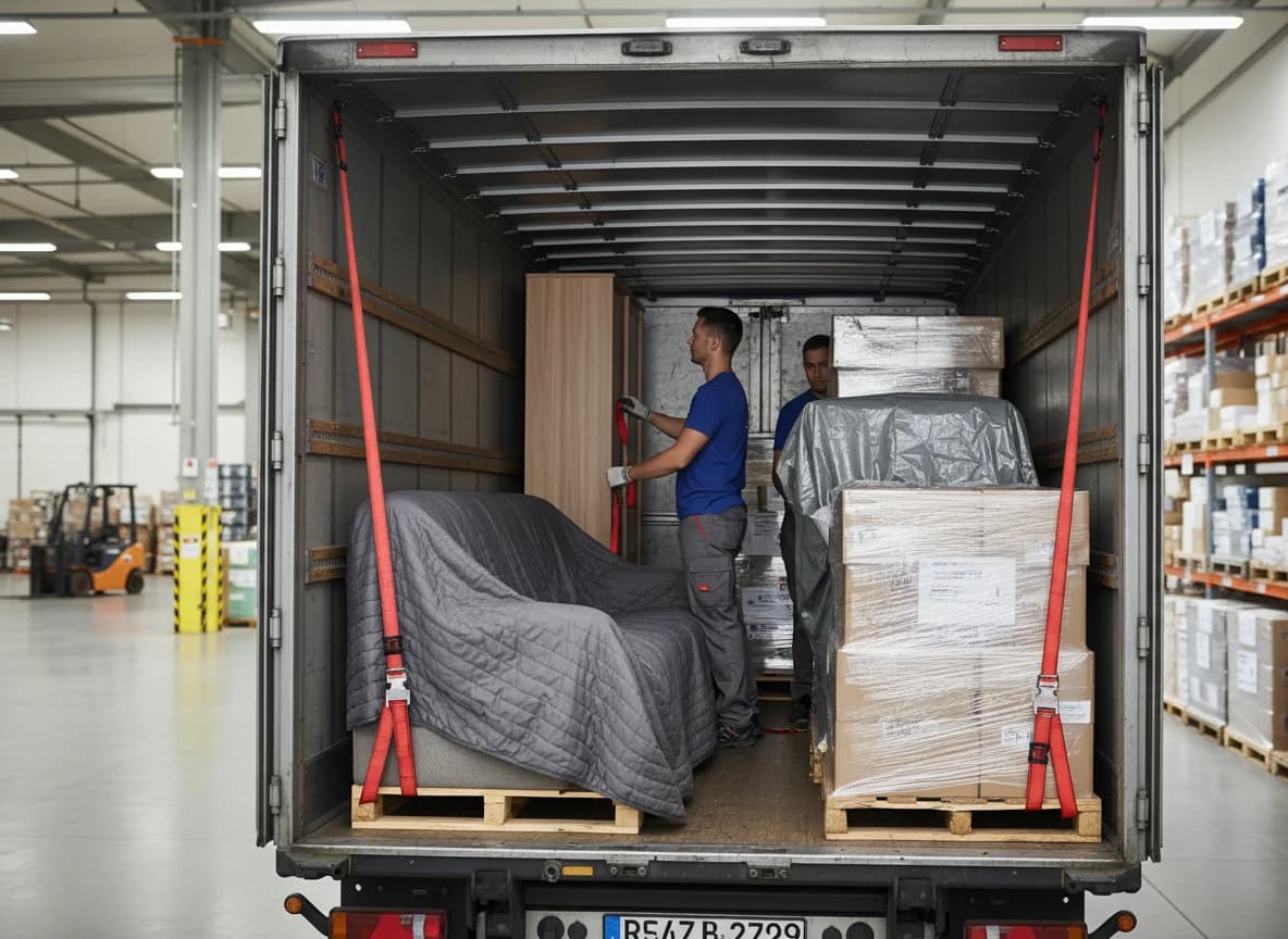 Beiladung - Möbel und Gewerbegüter werden gemeinsam im LKW-Trailer gesichert