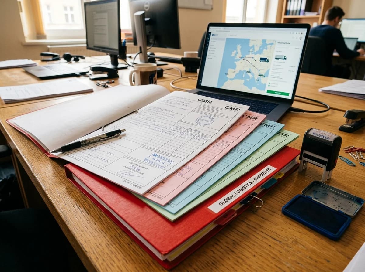 CMR-Frachtbrief - 4-fach Durchschreibesatz mit farbigen Kopien auf dem Schreibtisch