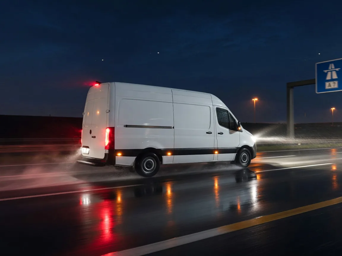 Direktfahrt Spedition - Sprinter bei Nacht auf der Autobahn für den zeitkritischen Eiltransport