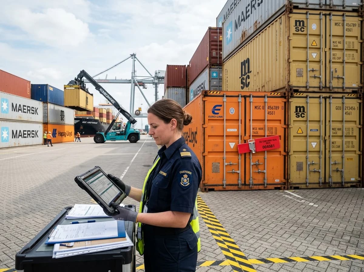 China customs clearance Germany - Customs officer inspecting shipping containers at German port