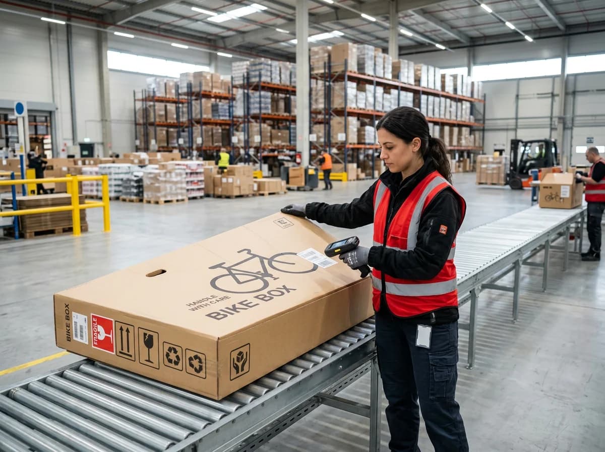 Fahrrad versenden - Spedition scannt Fahrradkarton im Logistik-Hub