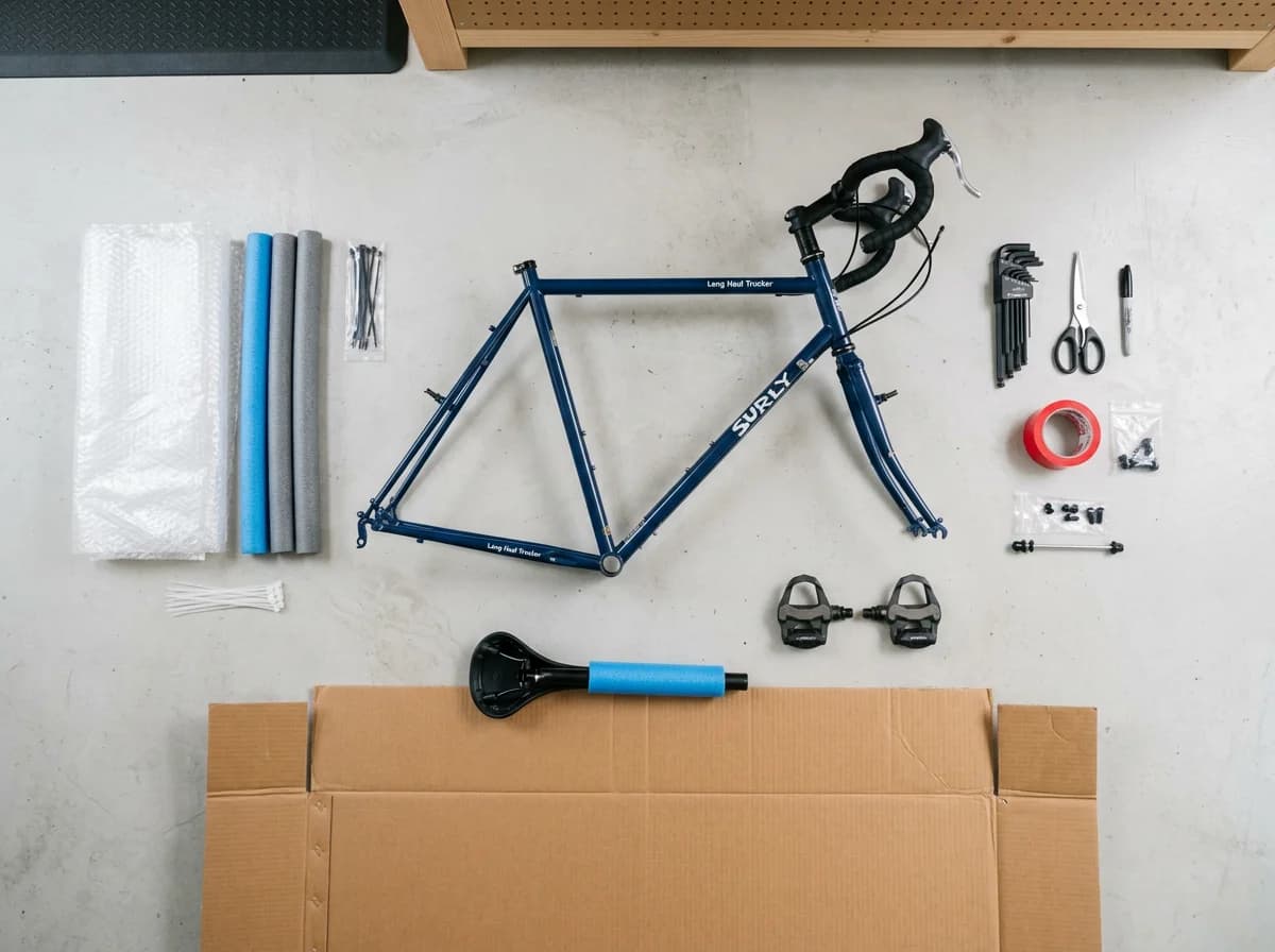 Fahrrad versenden - Fahrradrahmen mit Verpackungsmaterial und Werkzeug bereit zum Versand