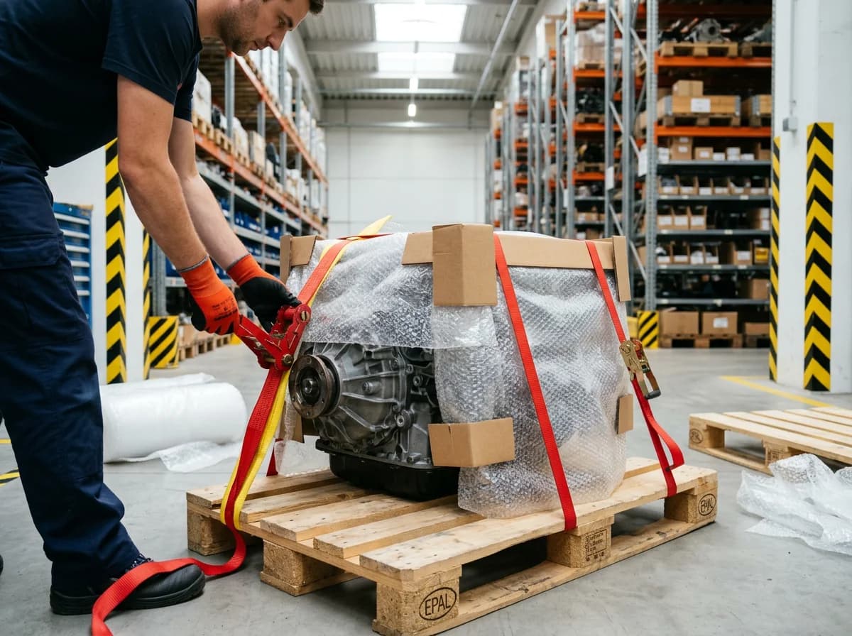 Getriebe versenden - Fachgerechte Verpackung auf Europalette mit Spanngurten