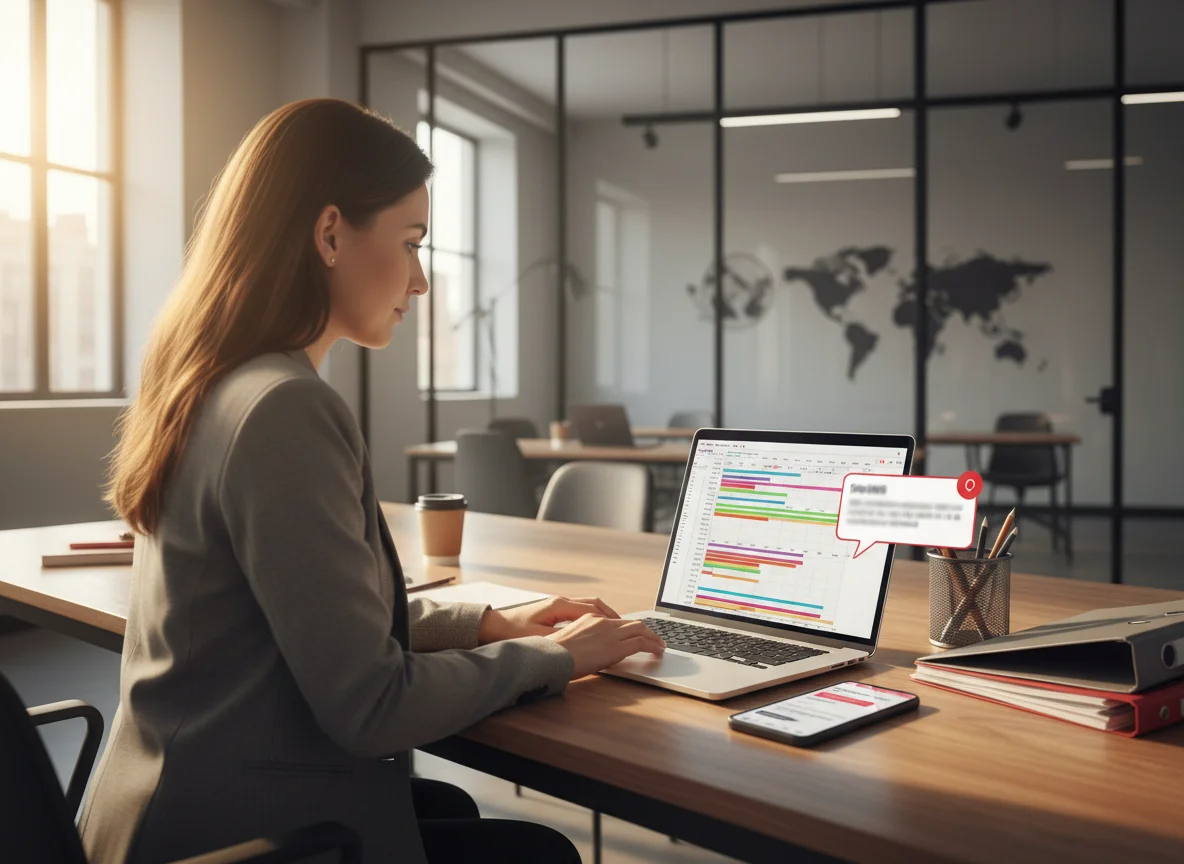 Avisierung - Logistik-Koordinatorin prüft Lieferbenachrichtigungen am Laptop