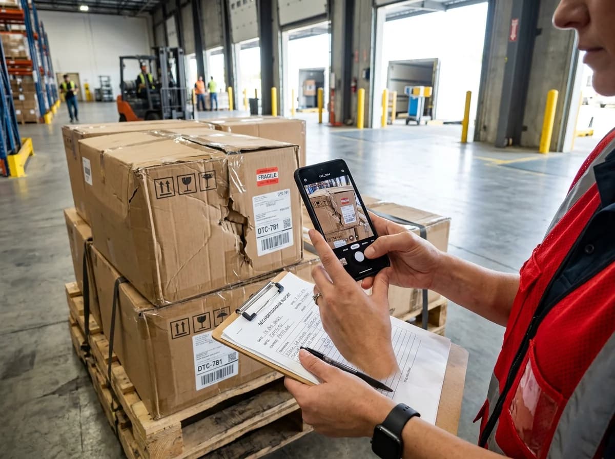 Transportschaden melden - Mitarbeiter dokumentiert beschädigte Fracht mit Smartphone