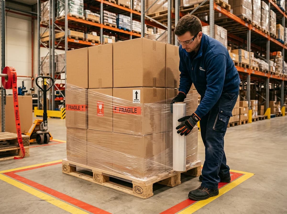 Palette versenden - Europalette wird mit Stretchfolie für Speditionsversand gesichert