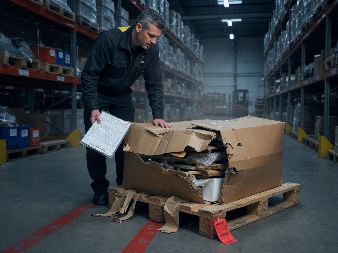 Verpackung und Versicherung - Lagermitarbeiter prüft Transportschaden an unzureichend verpackter Palette