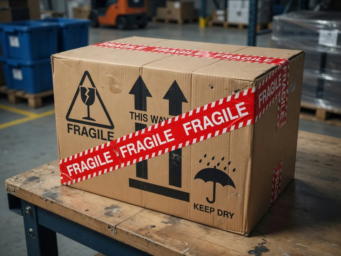 Verpackung kennzeichnen - Karton mit Handhabungssymbolen Zerbrechlich, Oben und Vor Nässe schützen