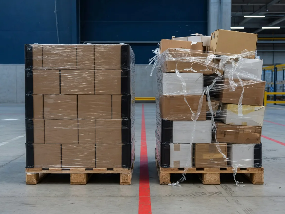 Palette richtig verpacken - Vergleich fachgerecht gesicherte gegen mangelhaft verpackte Palette