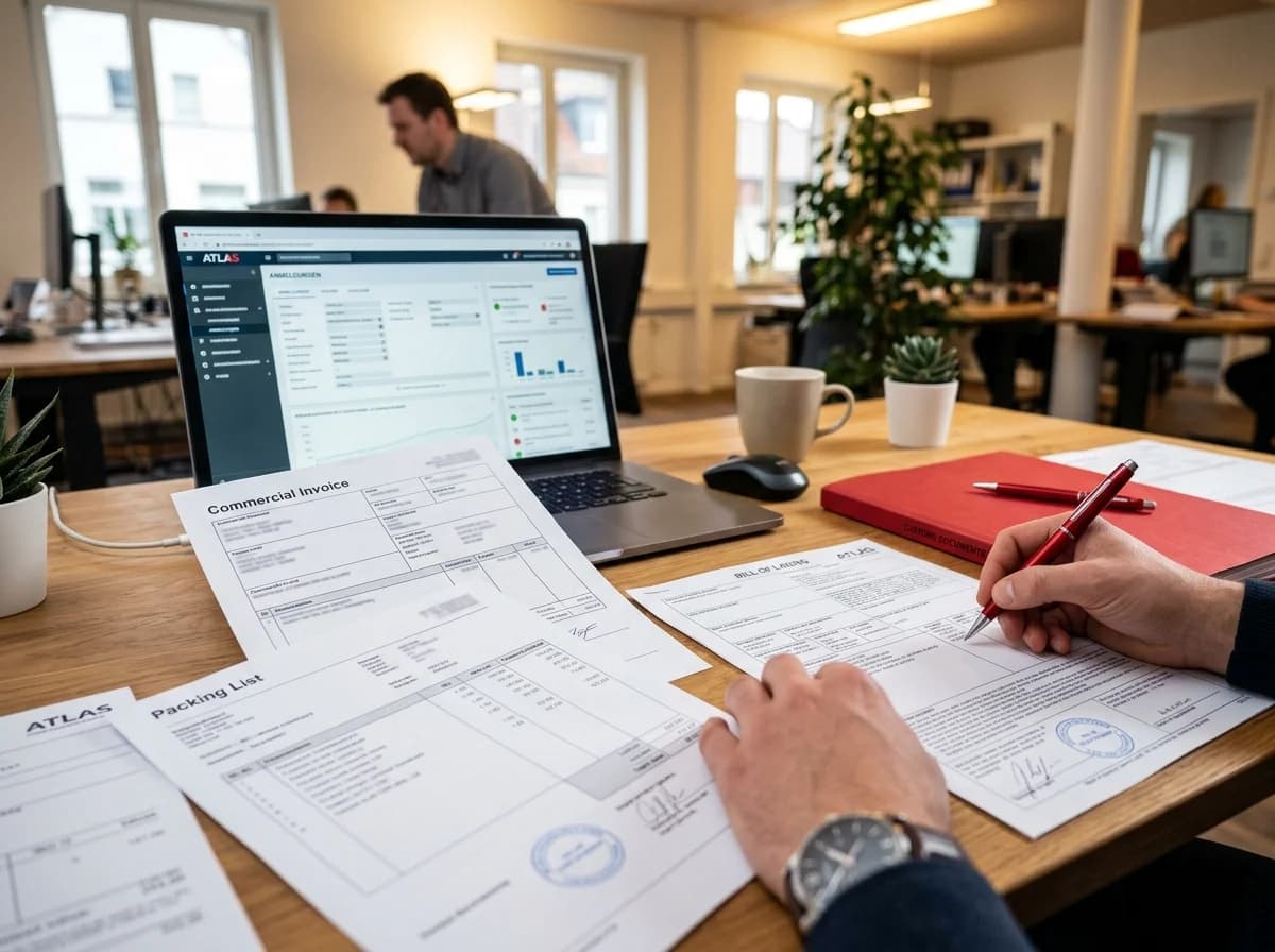 Import aus USA nach Deutschland - Zolldokumente wie Commercial Invoice, Packing List und Bill of Lading auf Schreibtisch mit ATLAS-System