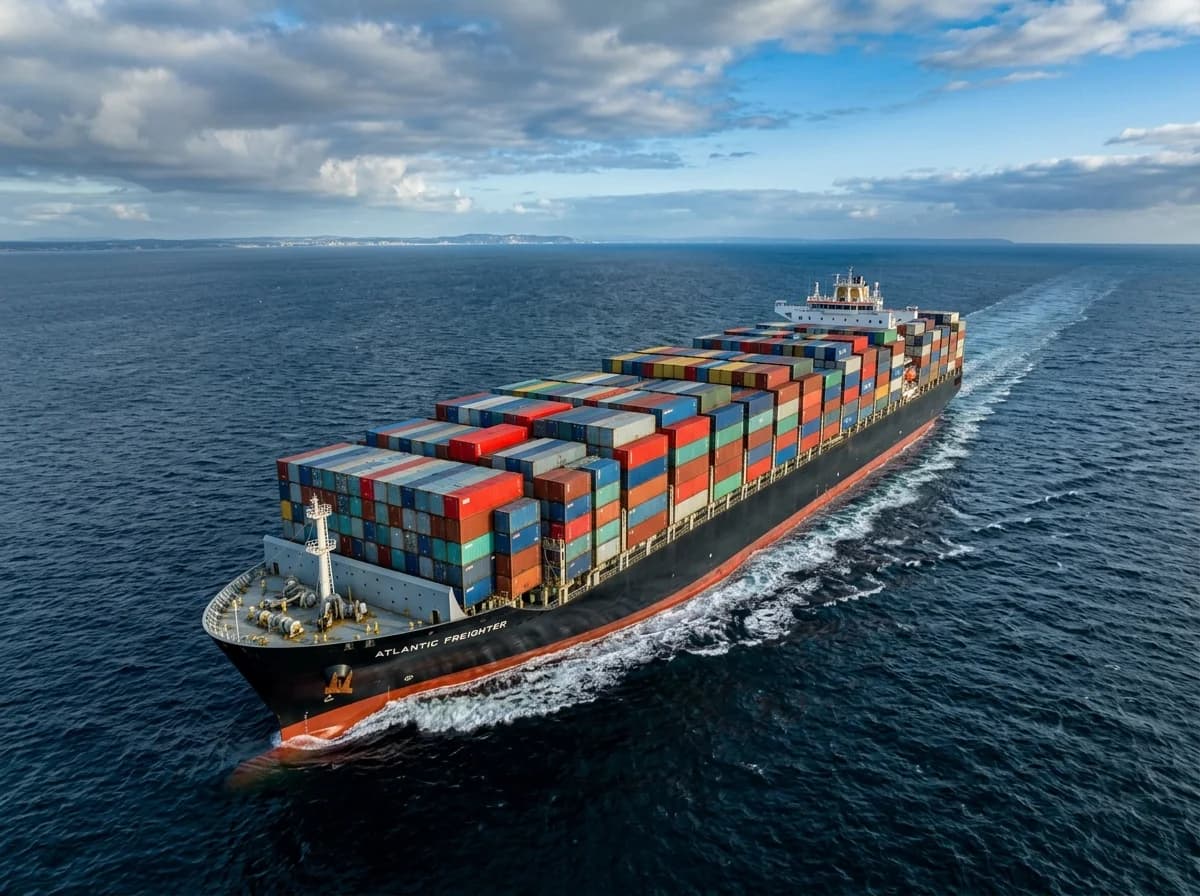 Import aus USA nach Deutschland - Containerschiff mit bunten Frachtcontainern auf dem Atlantik