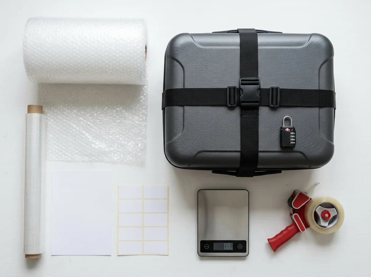 Koffer versenden - Verpackungsmaterial mit Koffer, Schloss, Folie und Waage