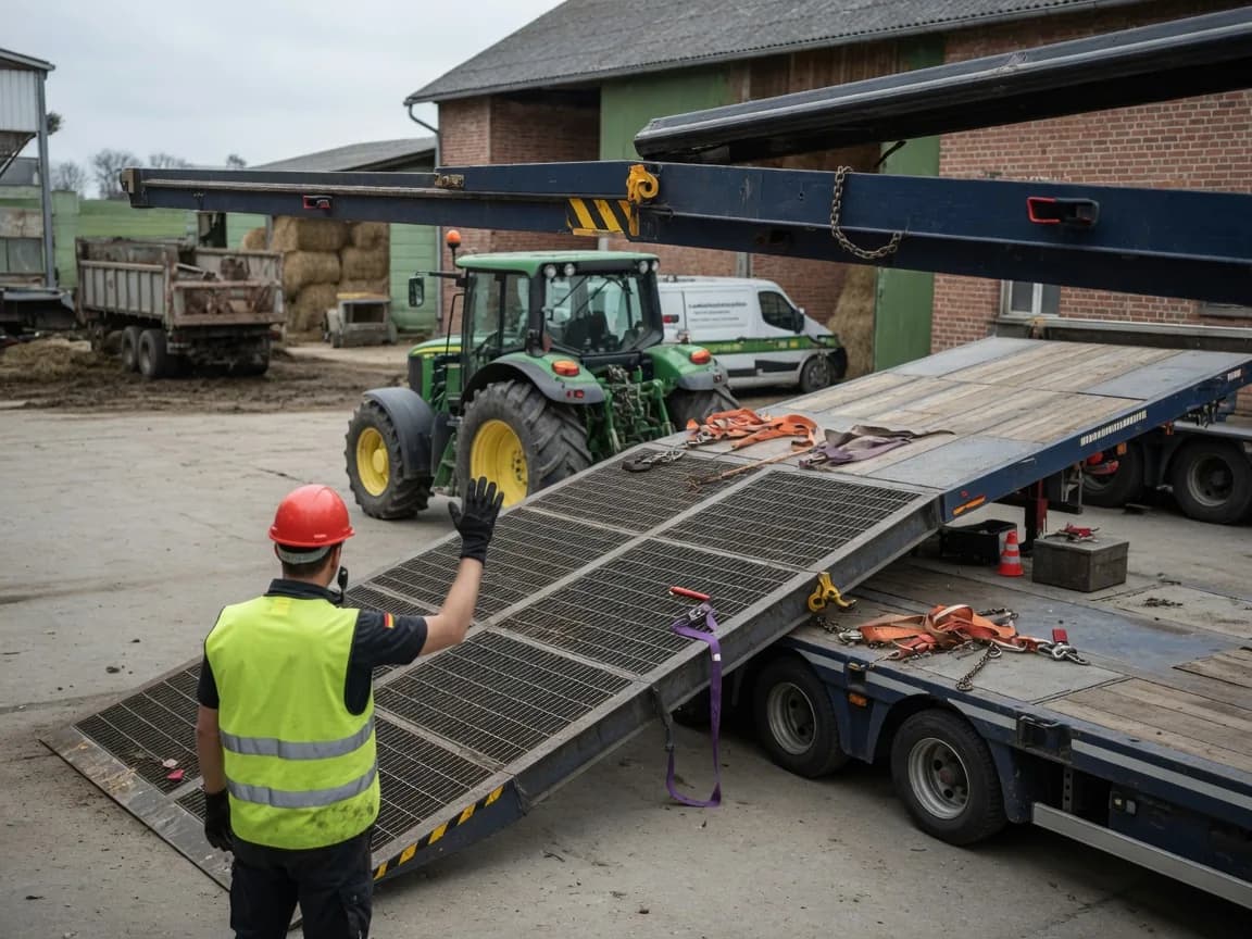landmaschinen transport - Traktor gesichert auf einem Tieflader bei der Verladung