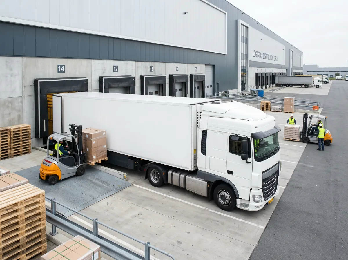 Landverkehr - LKW am Logistikzentrum mit Palettenverladung